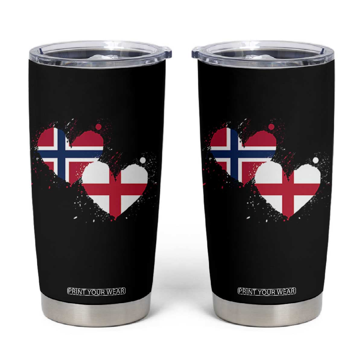 Distressed Norway and England Crossed Flags Dual Heart Graphic Tumbler Cup Love Half Norwegian Half English Pride TS02 Black Print Your Wear