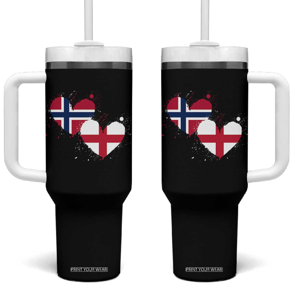 Distressed Norway and England Crossed Flags Dual Heart Graphic Tumbler With Handle Love Half Norwegian Half English Pride TS02 One Size: 40 oz Black Print Your Wear