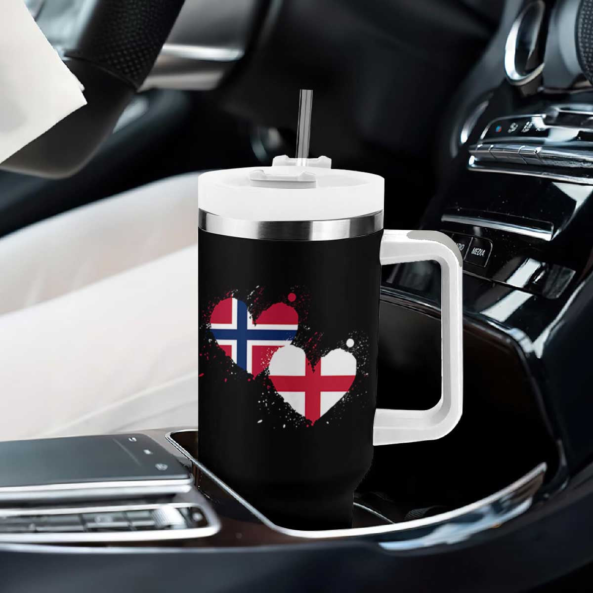 Distressed Norway and England Crossed Flags Dual Heart Graphic Tumbler With Handle Love Half Norwegian Half English Pride TS02 Print Your Wear