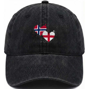 Distressed Norway and England Crossed Flags Dual Heart Graphic Washed Cotton Baseball Cap Love Half Norwegian Half English Pride TS02 Print Your Wear