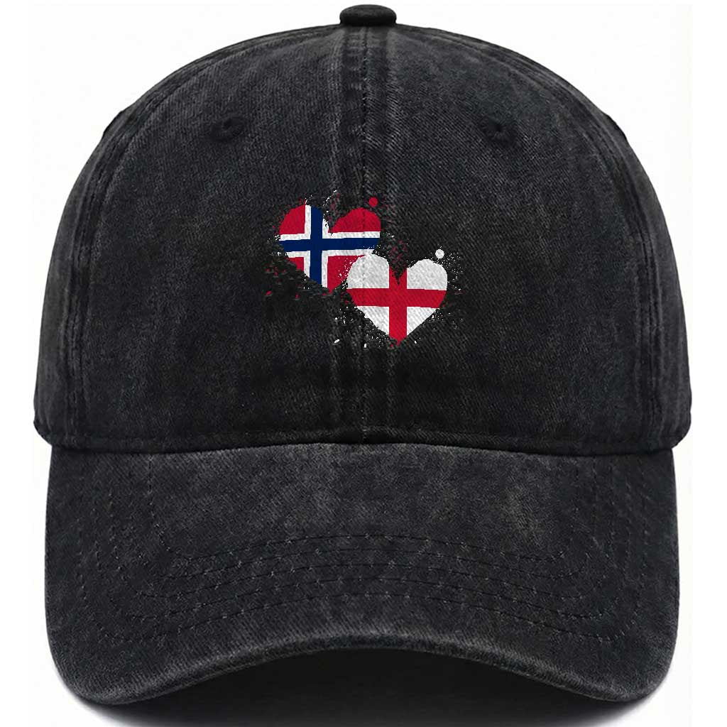 Distressed Norway and England Crossed Flags Dual Heart Graphic Washed Cotton Baseball Cap Love Half Norwegian Half English Pride TS02 Print Your Wear