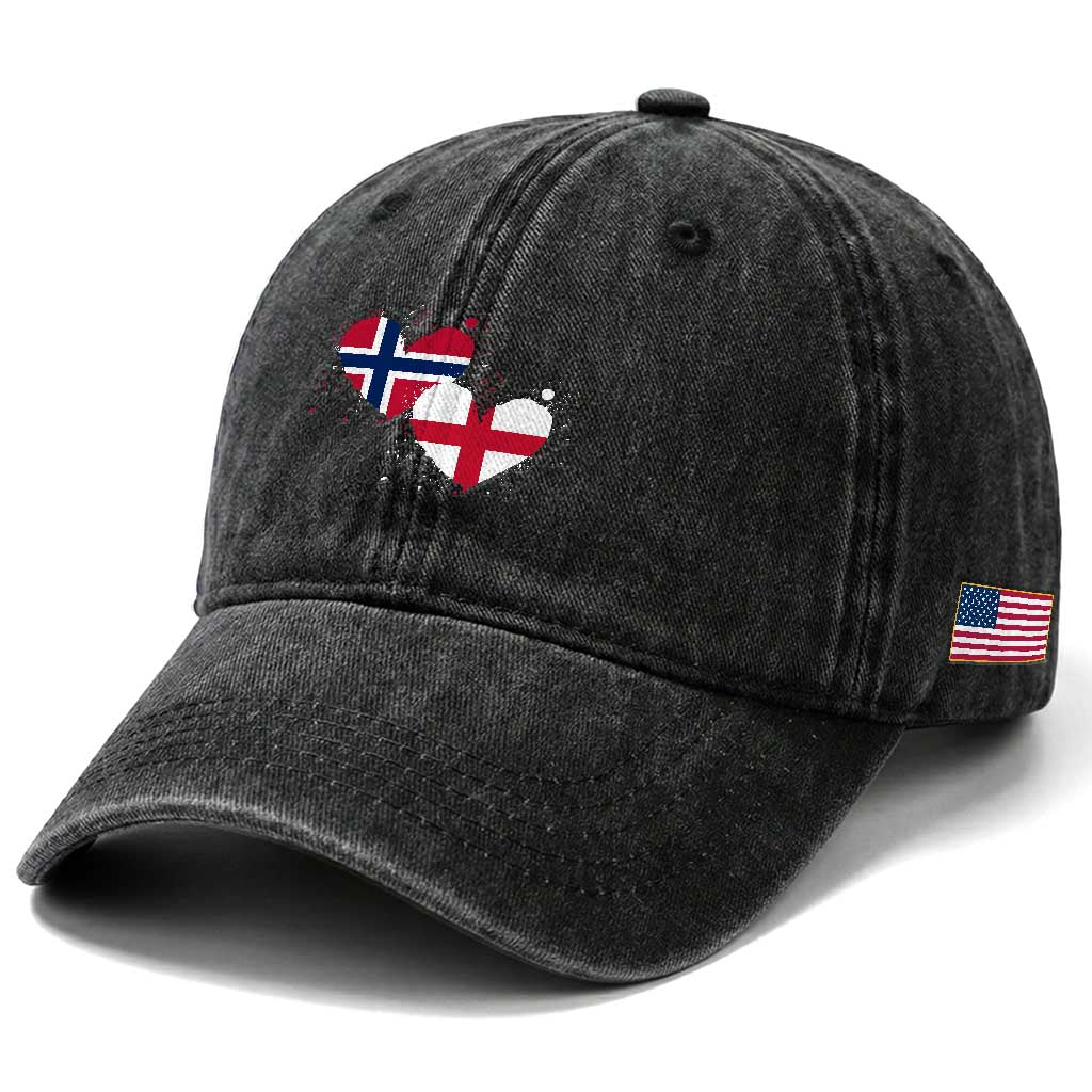 Distressed Norway and England Crossed Flags Dual Heart Graphic Washed Cotton Baseball Cap Love Half Norwegian Half English Pride TS02 Print Your Wear