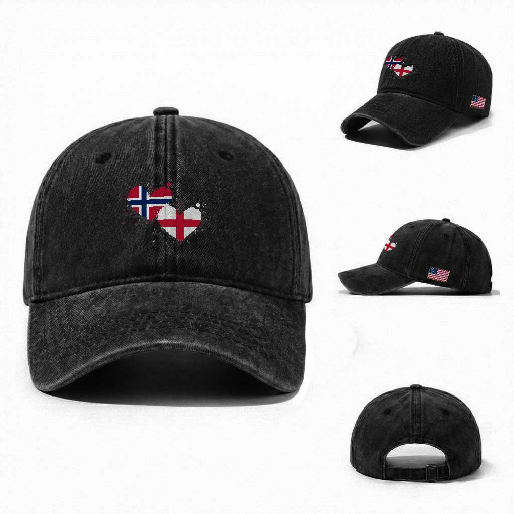 Distressed Norway and England Crossed Flags Dual Heart Graphic Washed Cotton Baseball Cap Love Half Norwegian Half English Pride TS02 Washed Cap Universal Fit Black Print Your Wear