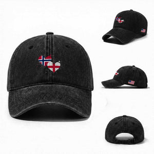 Distressed Norway and England Crossed Flags Dual Heart Graphic Washed Cotton Baseball Cap Love Half Norwegian Half English Pride TS02 Washed Cap Universal Fit Black Print Your Wear