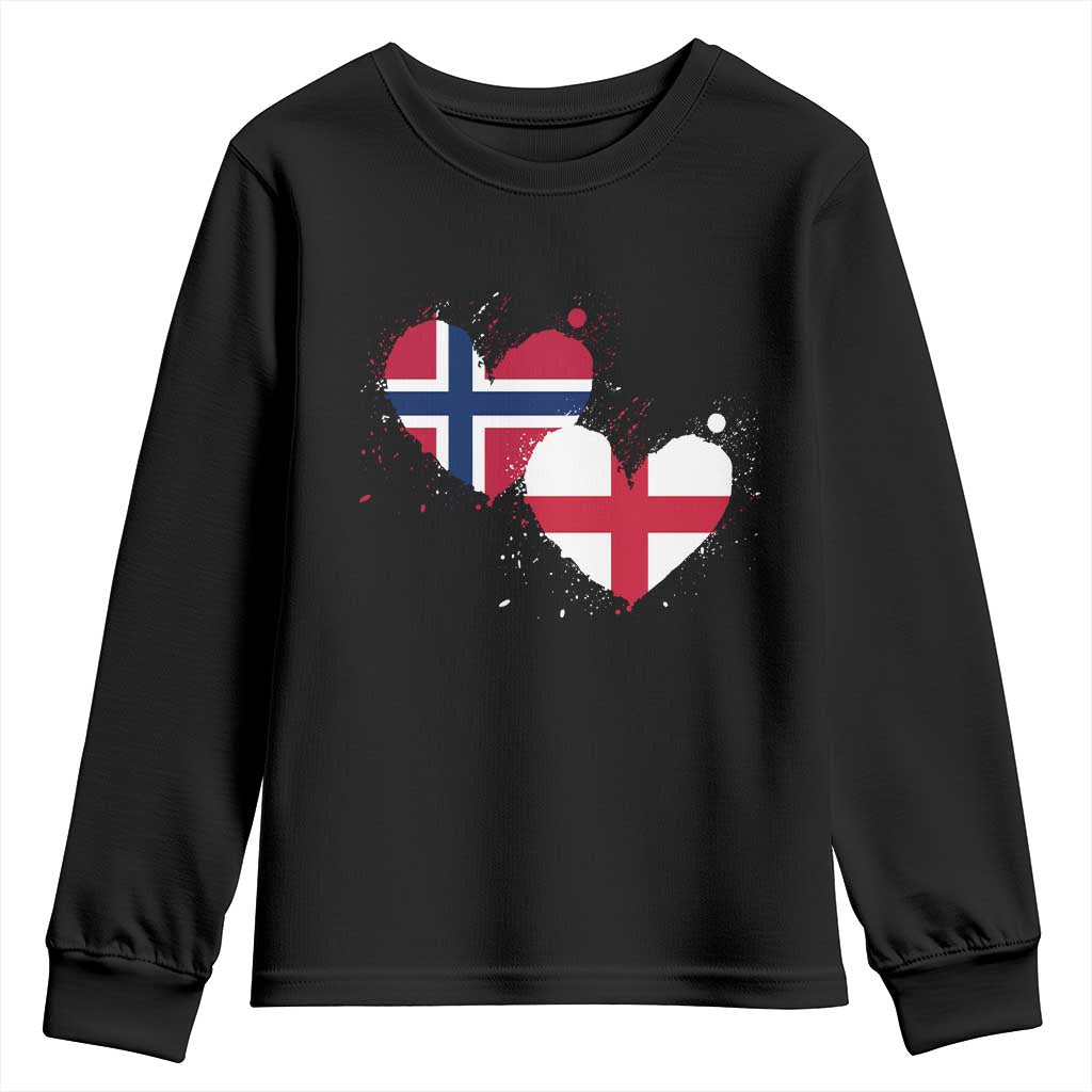 Distressed Norway and England Crossed Flags Dual Heart Graphic Youth Sweatshirt Love Half Norwegian Half English Pride TS02 Black Print Your Wear