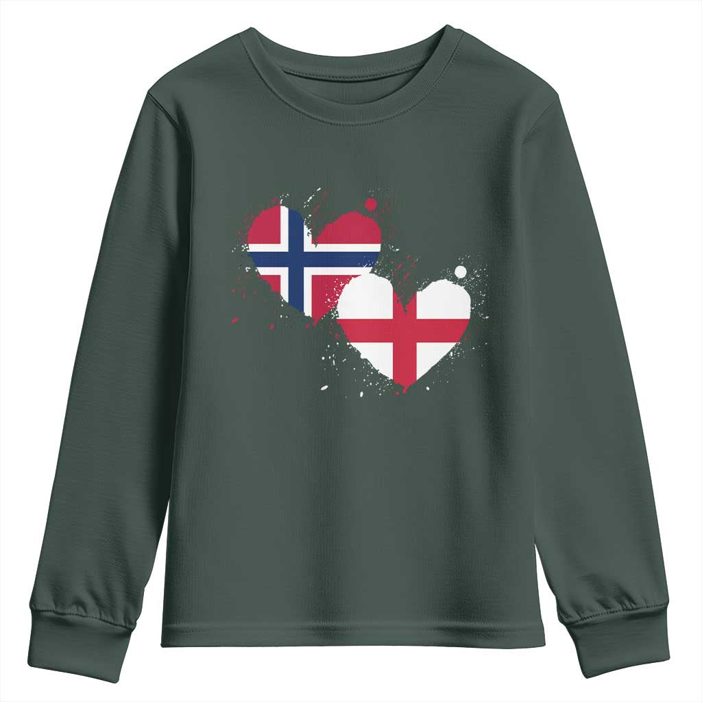 Distressed Norway and England Crossed Flags Dual Heart Graphic Youth Sweatshirt Love Half Norwegian Half English Pride TS02 Dark Forest Green Print Your Wear