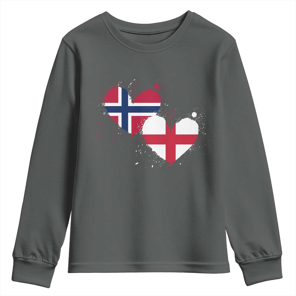 Distressed Norway and England Crossed Flags Dual Heart Graphic Youth Sweatshirt Love Half Norwegian Half English Pride TS02 Dark Heather Print Your Wear
