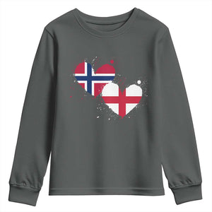 Distressed Norway and England Crossed Flags Dual Heart Graphic Youth Sweatshirt Love Half Norwegian Half English Pride TS02 Dark Heather Print Your Wear