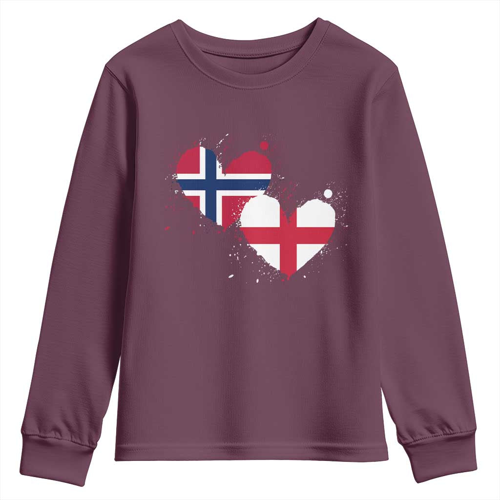 Distressed Norway and England Crossed Flags Dual Heart Graphic Youth Sweatshirt Love Half Norwegian Half English Pride TS02 Maroon Print Your Wear