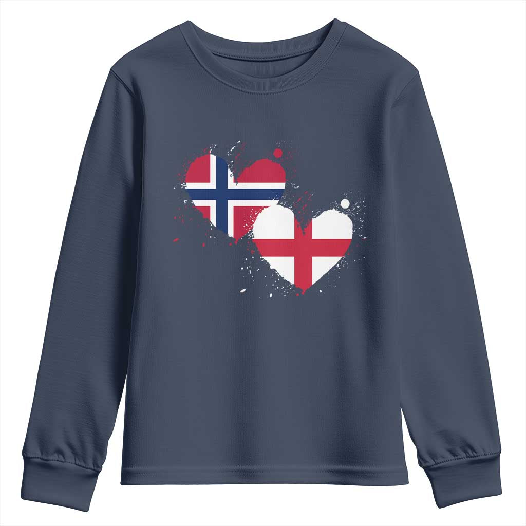 Distressed Norway and England Crossed Flags Dual Heart Graphic Youth Sweatshirt Love Half Norwegian Half English Pride TS02 Navy Print Your Wear