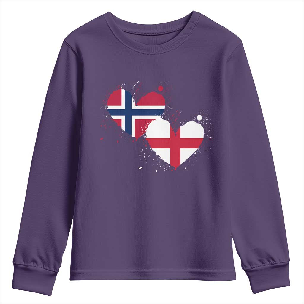 Distressed Norway and England Crossed Flags Dual Heart Graphic Youth Sweatshirt Love Half Norwegian Half English Pride TS02 Purple Print Your Wear