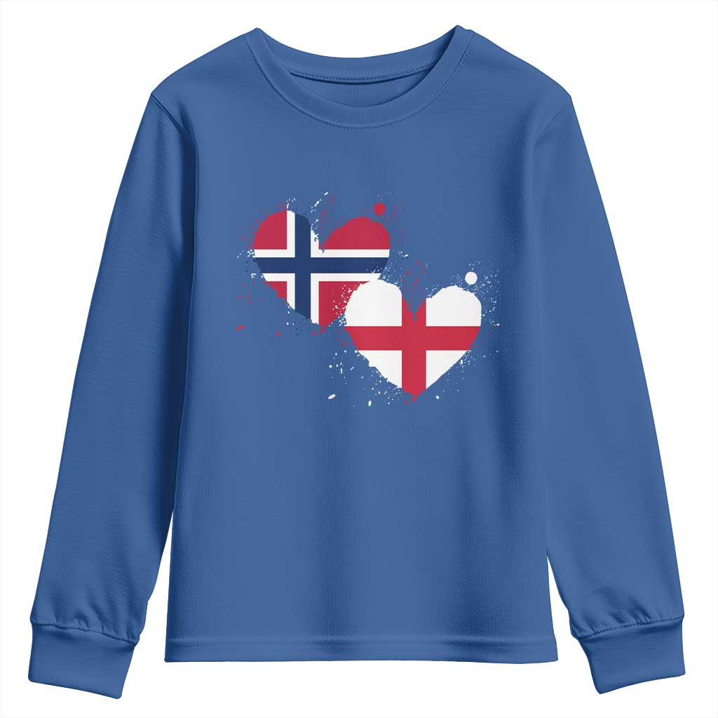 Distressed Norway and England Crossed Flags Dual Heart Graphic Youth Sweatshirt Love Half Norwegian Half English Pride TS02 Royal Blue Print Your Wear