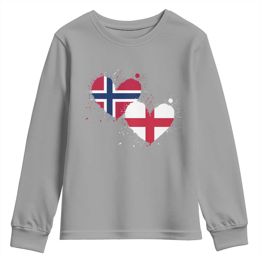 Distressed Norway and England Crossed Flags Dual Heart Graphic Youth Sweatshirt Love Half Norwegian Half English Pride TS02 Sport Gray Print Your Wear