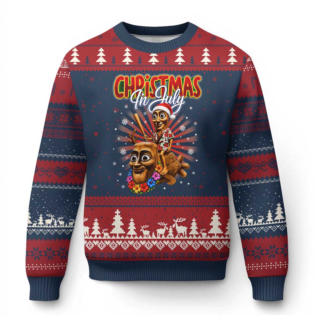Christmas In July Tung Tung Tung TTT Sahur Cursed Meme Ugly Christmas Sweater Funny Ironic Tropical Summer Hawaiian Holiday Surreal TS02 Navy Red Print Your Wear