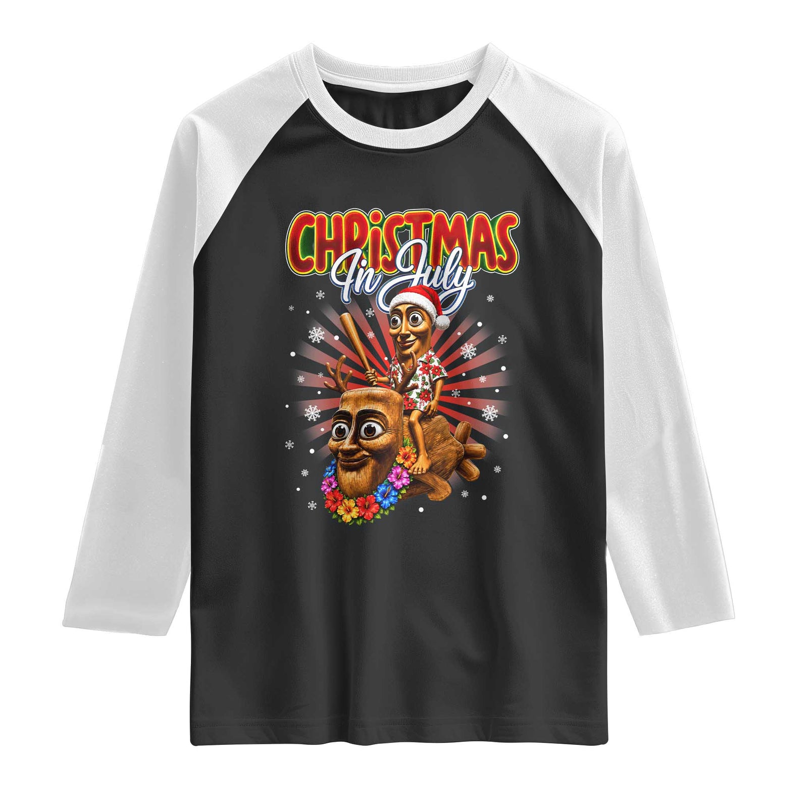 Christmas In July Tung Tung Tung TTT Sahur Cursed Meme Raglan Shirt Funny Ironic Tropical Summer Hawaiian Holiday Surreal TS02 Black White Print Your Wear