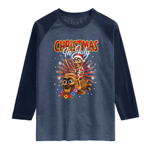 Christmas In July Tung Tung Tung TTT Sahur Cursed Meme Raglan Shirt Funny Ironic Tropical Summer Hawaiian Holiday Surreal