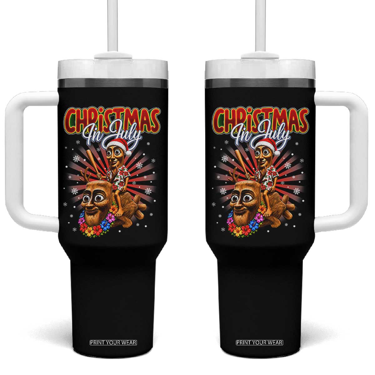 Christmas In July Tung Tung Tung TTT Sahur Cursed Meme Tumbler With Handle Funny Ironic Tropical Summer Hawaiian Holiday Surreal TS02 One Size: 40 oz Black Print Your Wear
