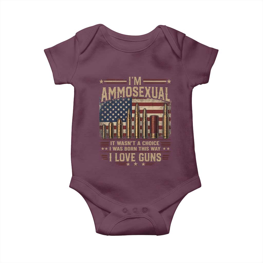 Funny Patriotic Second Amendment Humor American Flag Baby Onesie Im Ammosexual I Love Guns Owners Veterans