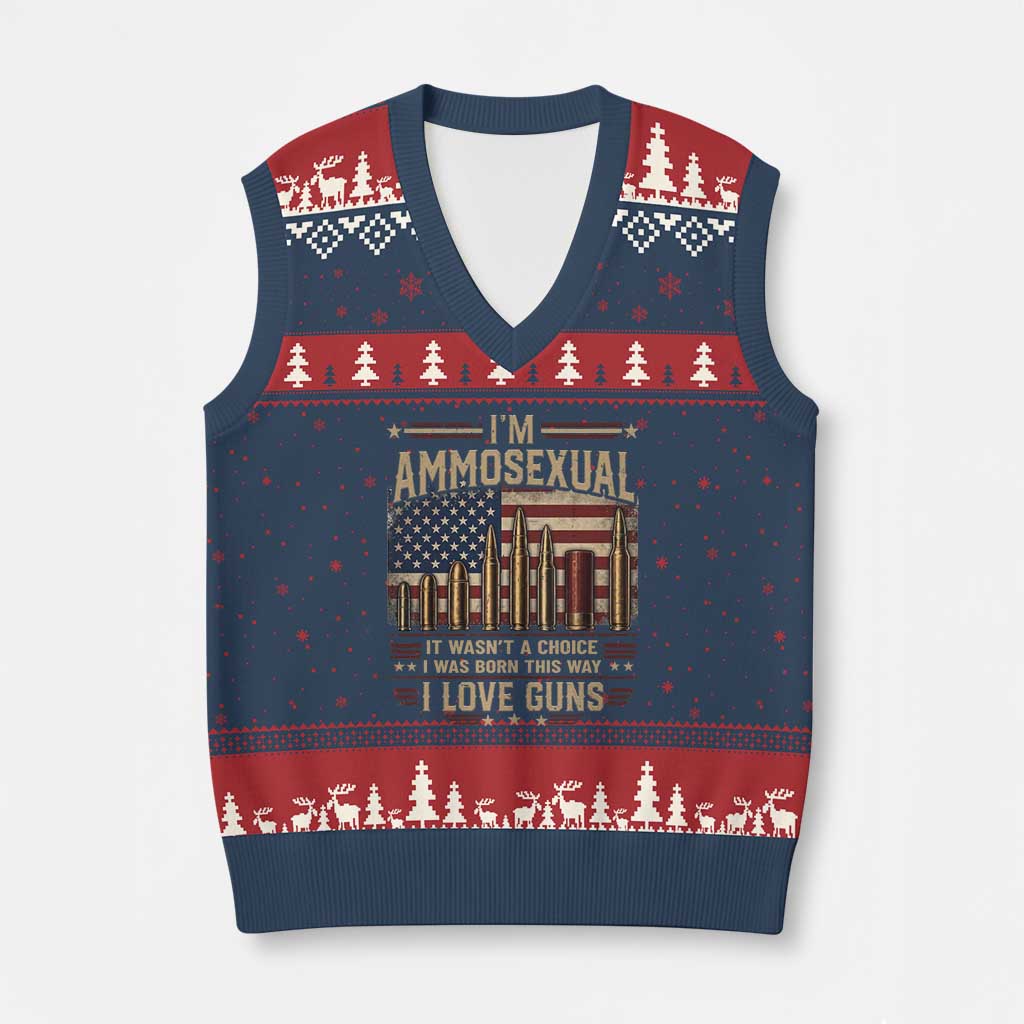 Funny Patriotic Second Amendment Humor American Flag V-Neck Knit Sweater Vest Im Ammosexual I Love Guns Owners Veterans