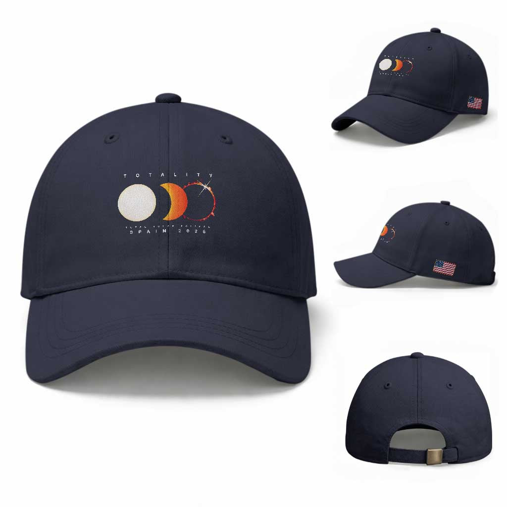 Spain Total Solar Eclipse 2026 Totality Baseball Cap Espana Travel Souvenir Astronomy Geek Gift TS02 Baseball Cap Universal Fit Navy Print Your Wear