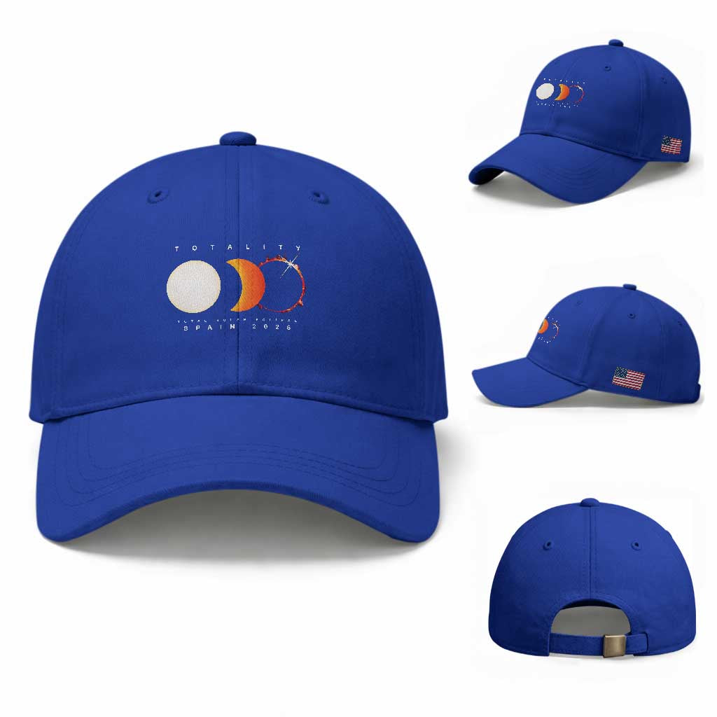 Spain Total Solar Eclipse 2026 Totality Baseball Cap Espana Travel Souvenir Astronomy Geek Gift TS02 Baseball Cap Universal Fit Royal Blue Print Your Wear