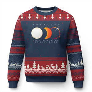Spain Total Solar Eclipse 2026 Totality Ugly Christmas Sweater Espana Travel Souvenir Astronomy Geek Gift TS02 Navy Red Print Your Wear