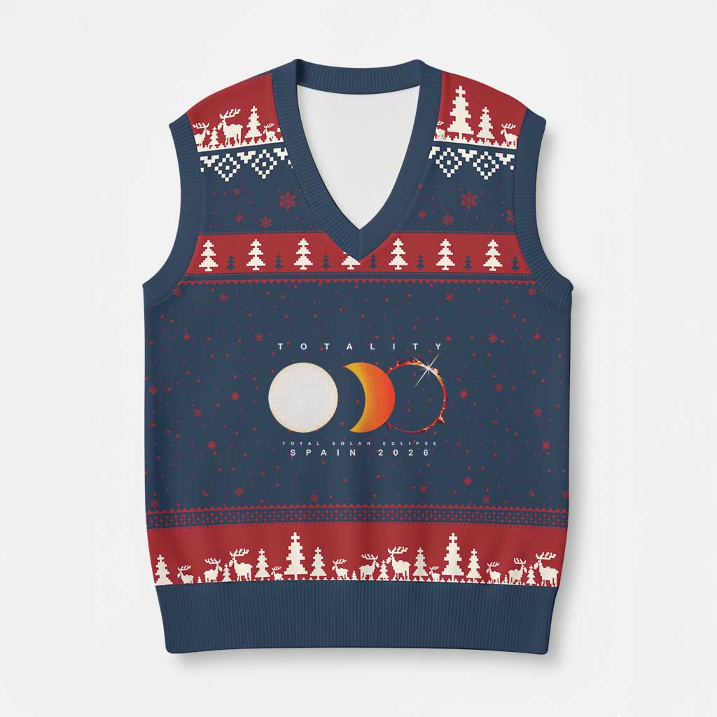 Spain Total Solar Eclipse 2026 Totality V-Neck Knit Sweater Vest Espana Travel Souvenir Astronomy Geek Gift TS02 Navy Red Print Your Wear