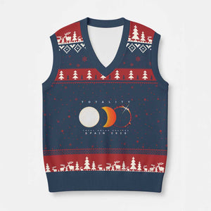 Spain Total Solar Eclipse 2026 Totality V-Neck Knit Sweater Vest Espana Travel Souvenir Astronomy Geek Gift TS02 Navy Red Print Your Wear