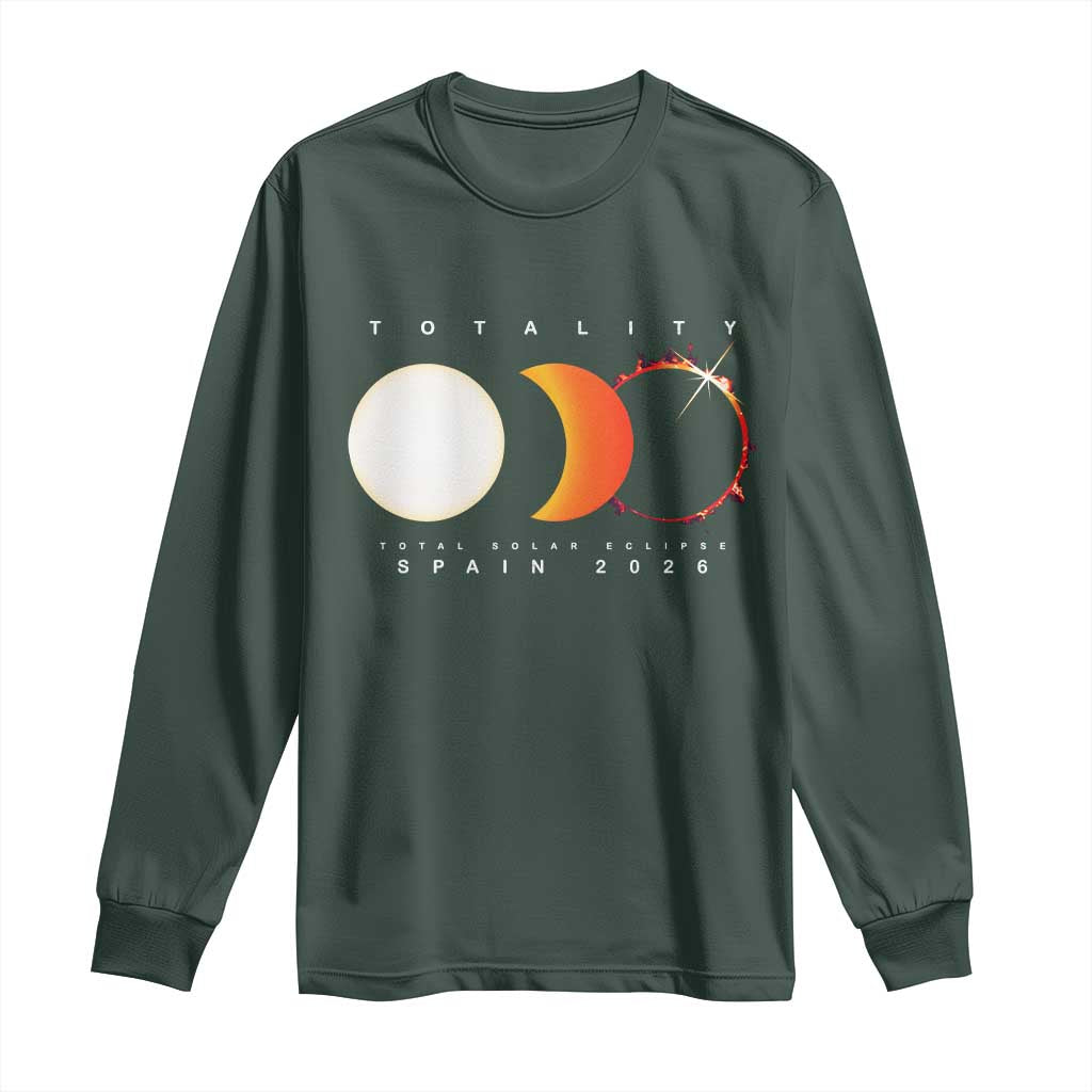 Spain Total Solar Eclipse 2026 Totality Long Sleeve Shirt Espana Travel Souvenir Astronomy Geek Gift TS02 Dark Forest Green Print Your Wear