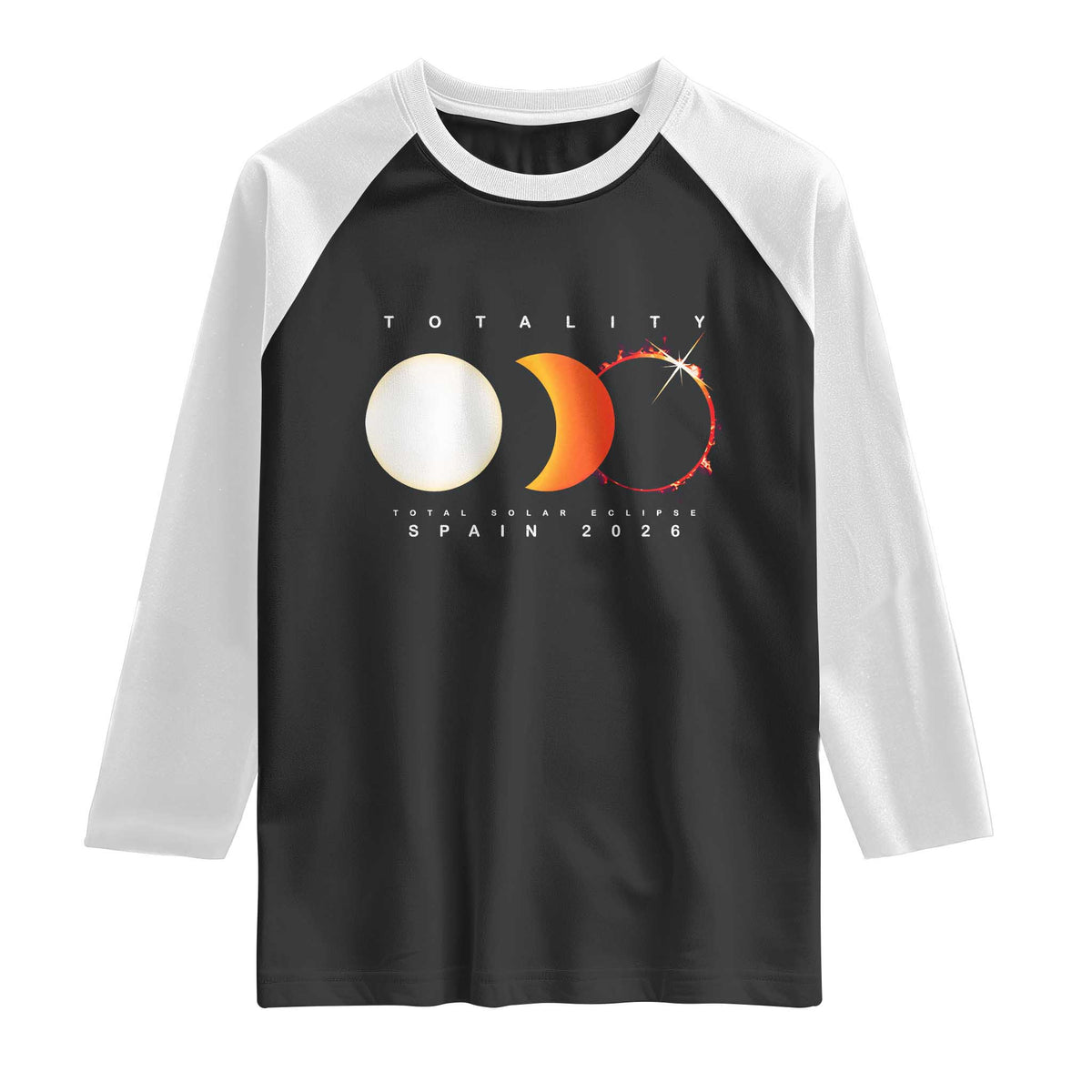 Spain Total Solar Eclipse 2026 Totality Raglan Shirt Espana Travel Souvenir Astronomy Geek Gift TS02 Black White Print Your Wear