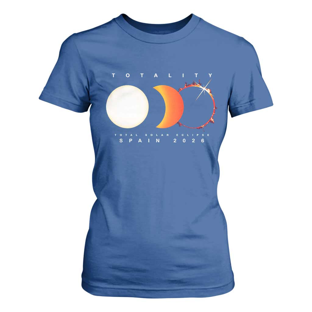 Spain Total Solar Eclipse 2026 Totality T Shirt For Women Espana Travel Souvenir Astronomy Geek Gift TS02 Royal Blue Print Your Wear