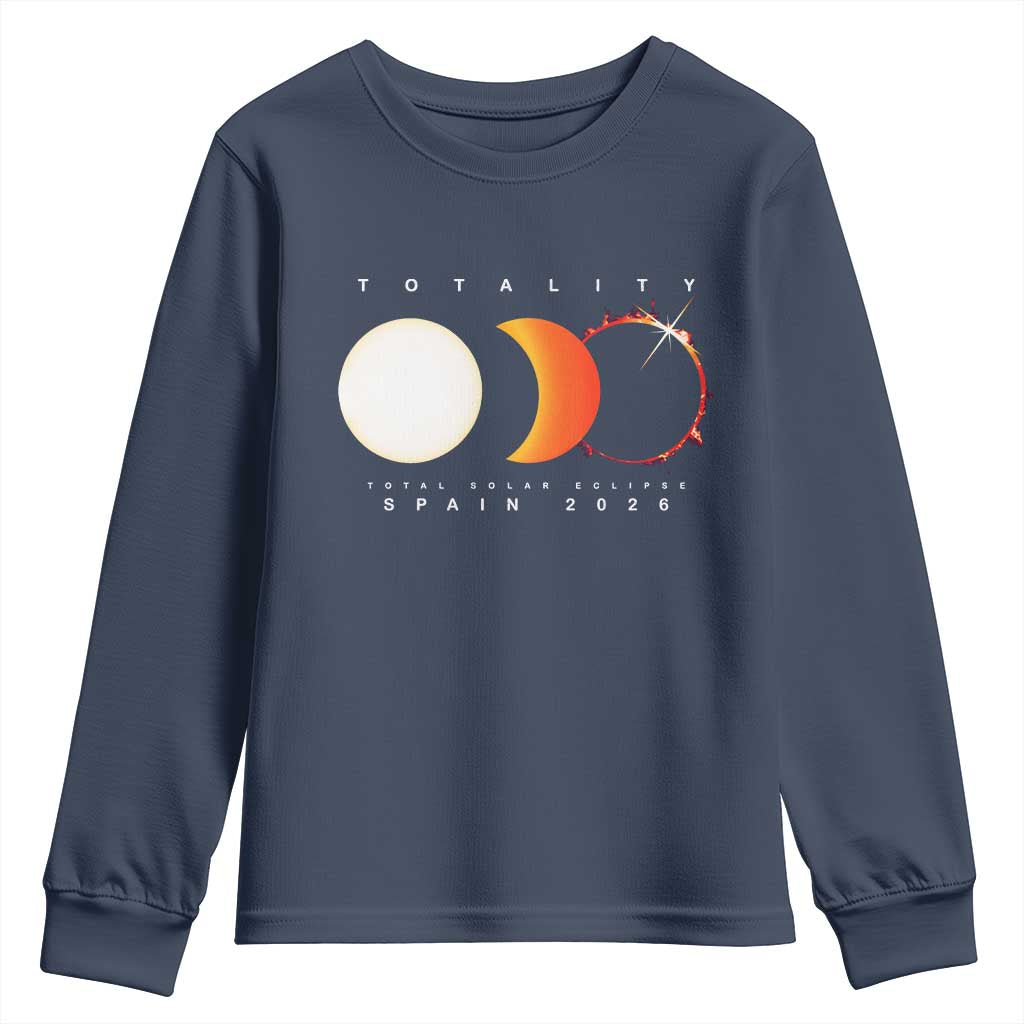 Spain Total Solar Eclipse 2026 Totality Youth Sweatshirt Espana Travel Souvenir Astronomy Geek Gift TS02 Navy Print Your Wear