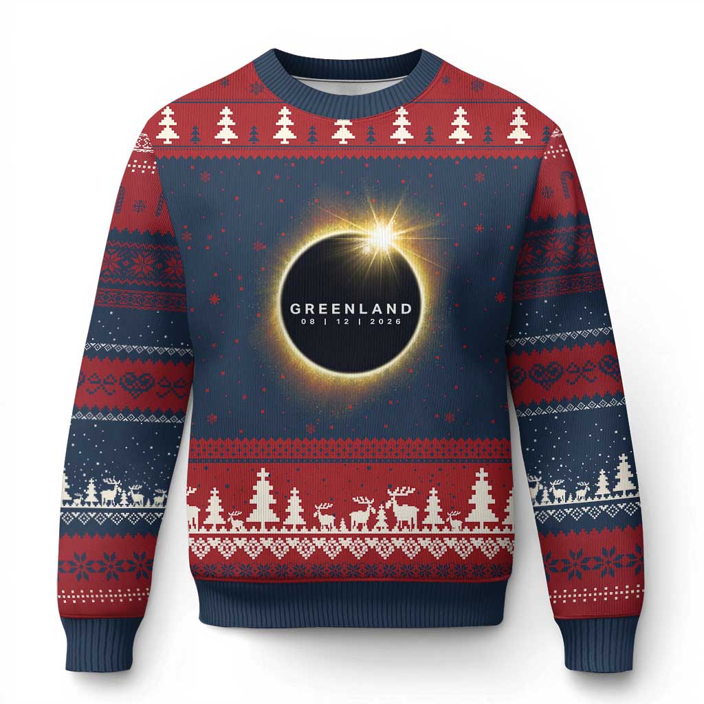 Greenland Total Solar Eclipse 2026 Ugly Christmas Sweater Path of Totality Astronomy Gift TS02 Navy Red Print Your Wear