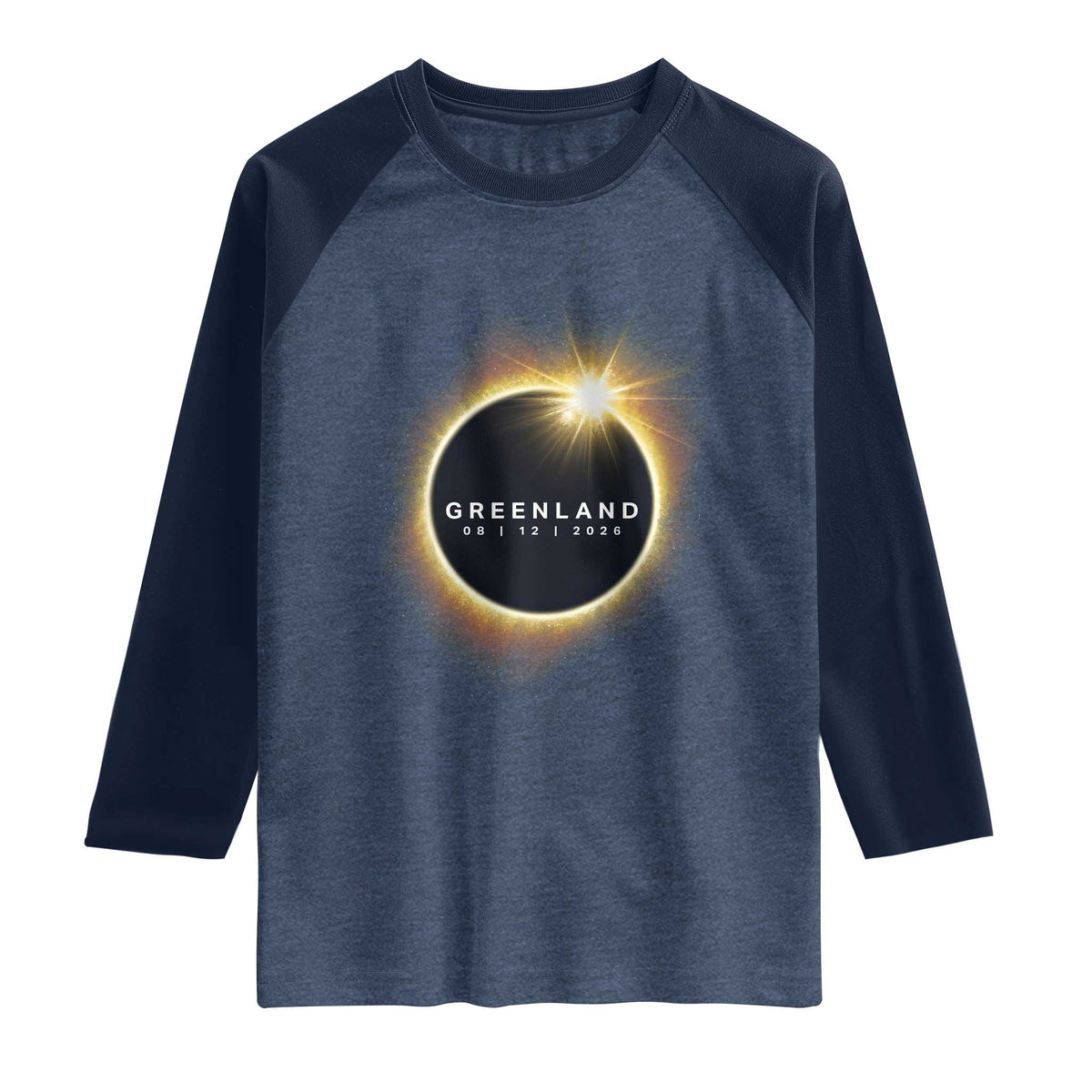 Greenland Total Solar Eclipse 2026 Raglan Shirt Path of Totality Astronomy Gift TS02 Heather Denim Navy Print Your Wear
