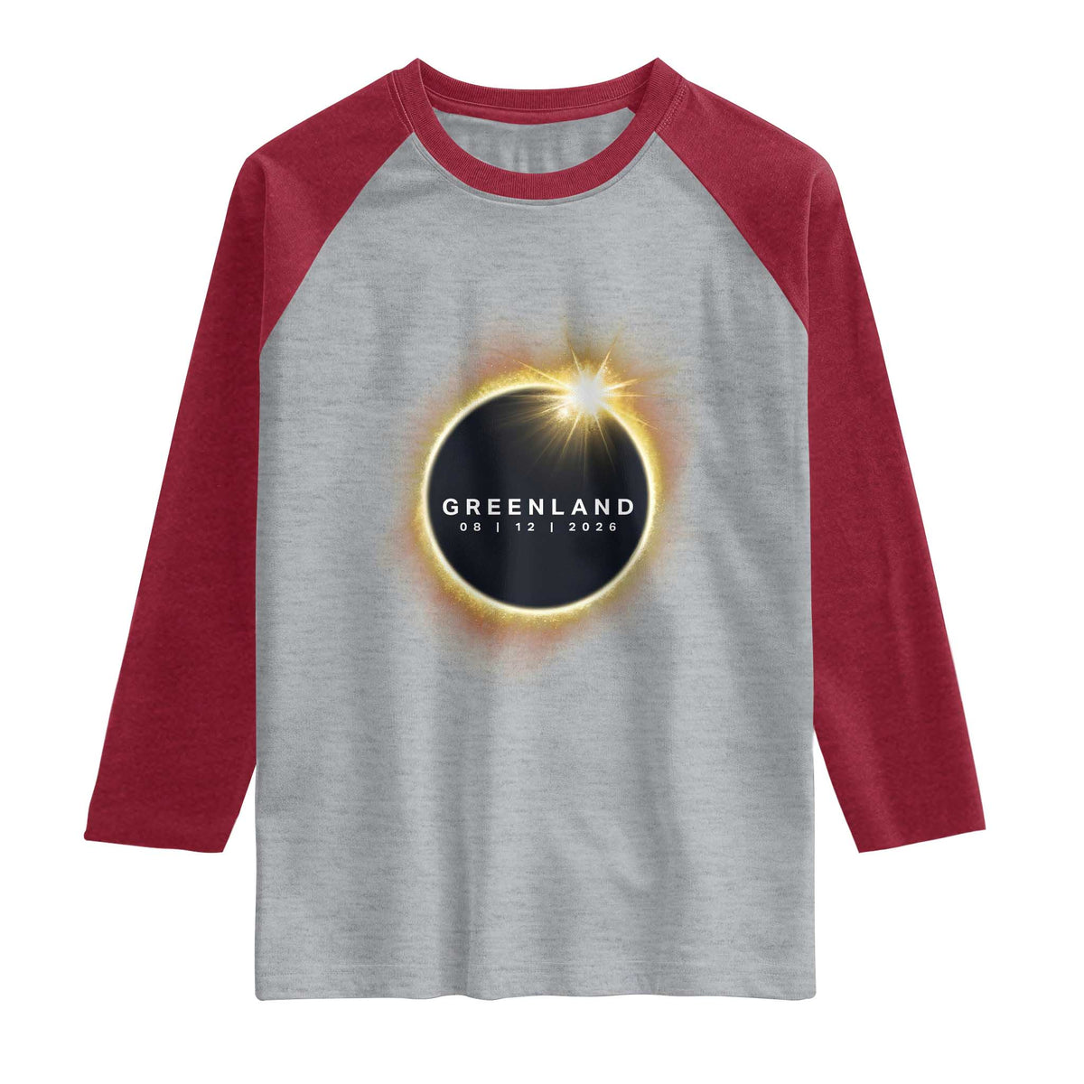 Greenland Total Solar Eclipse 2026 Raglan Shirt Path of Totality Astronomy Gift TS02 Heather Gray Heather Red Print Your Wear