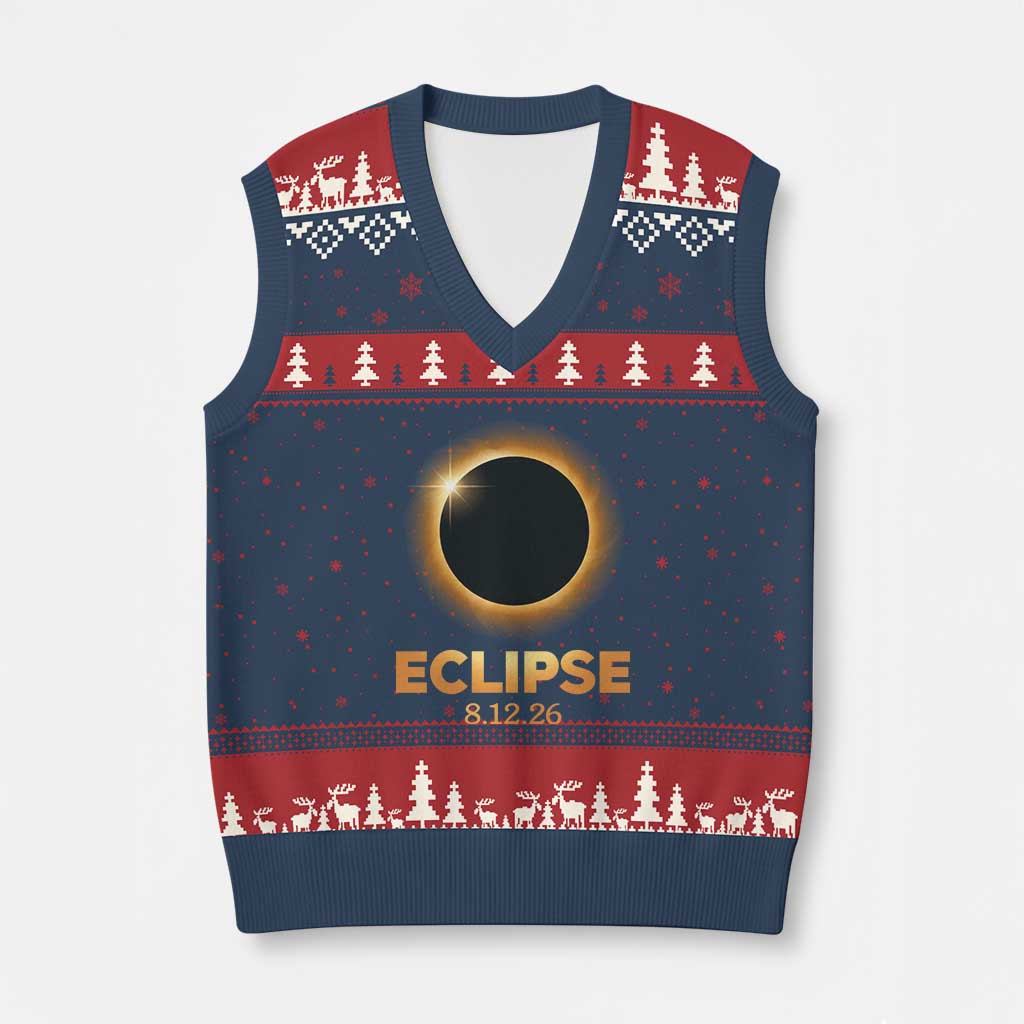 2026 Total Solar Eclipse V-Neck Knit Sweater Vest August 12 Totality Astronomy Souvenir TS02 Navy Red Print Your Wear