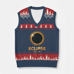 2026 Total Solar Eclipse V-Neck Knit Sweater Vest August 12 Totality Astronomy Souvenir TS02 Navy Red Print Your Wear
