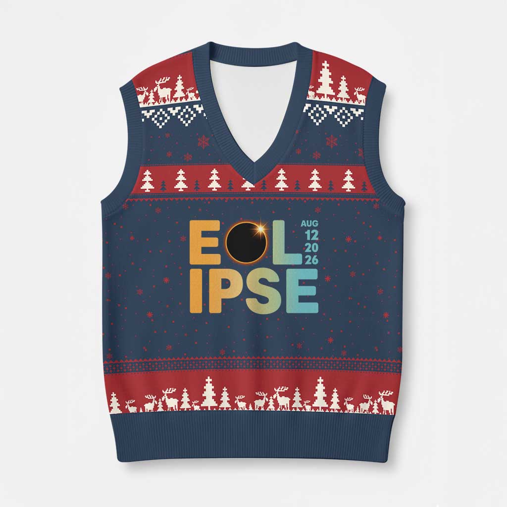 2026 Total Solar Eclipse Retro Typography V-Neck Knit Sweater Vest August 12 Totality Astronomy Gift