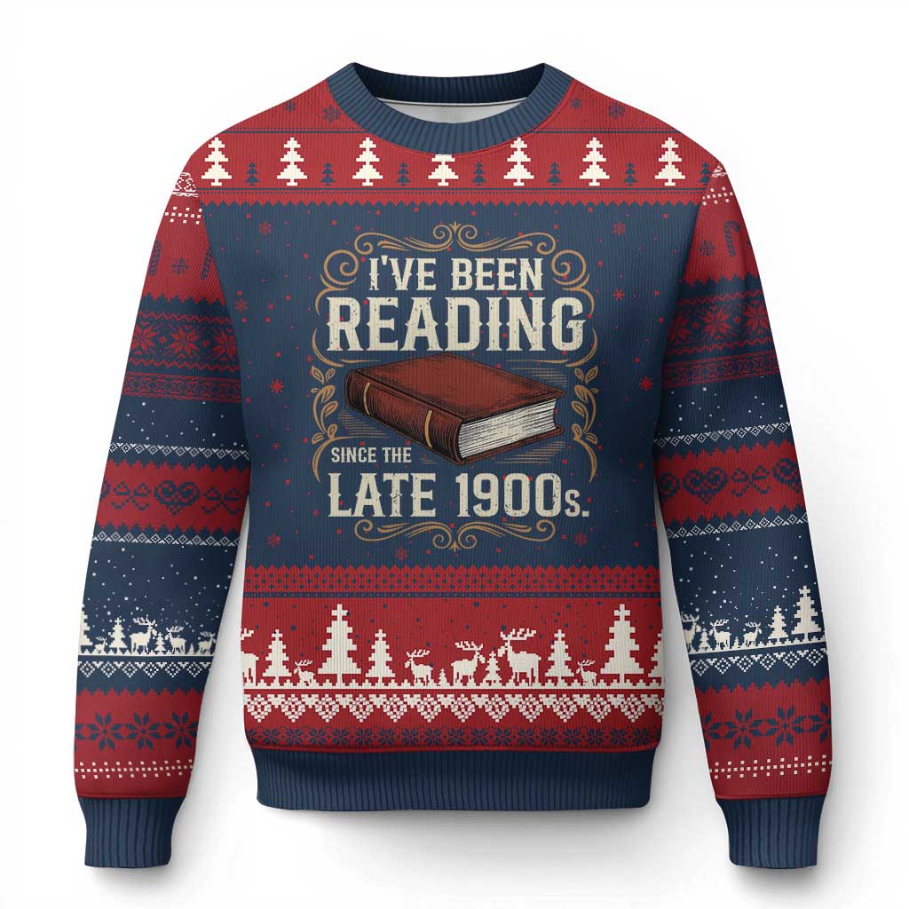 Funny Vintage 80s 90s Book Lover Ugly Christmas Sweater I've Been Reading Since The Late 1900s Bookworm Humor TS02 Navy Red Print Your Wear