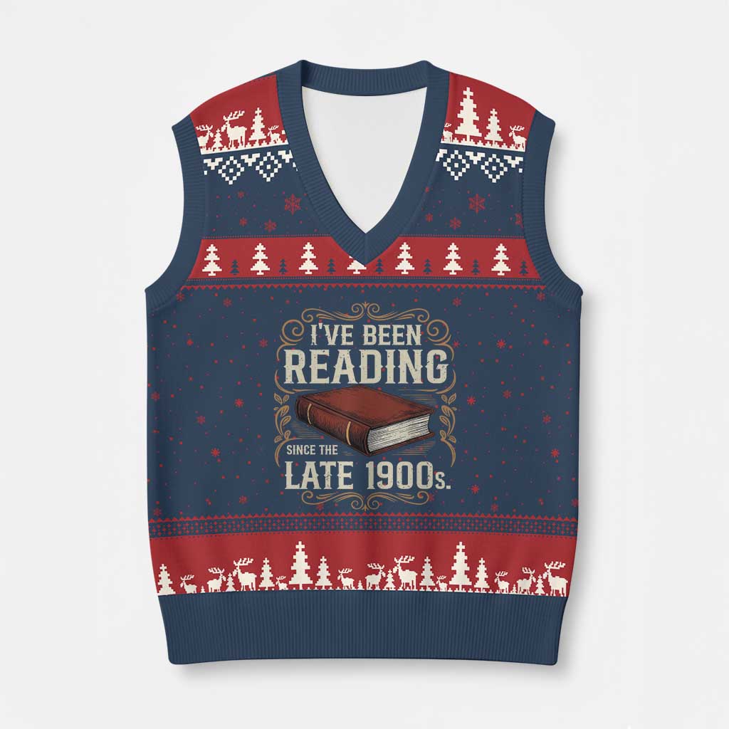 Funny Vintage 80s 90s Book Lover V-Neck Knit Sweater Vest I've Been Reading Since The Late 1900s Bookworm Humor