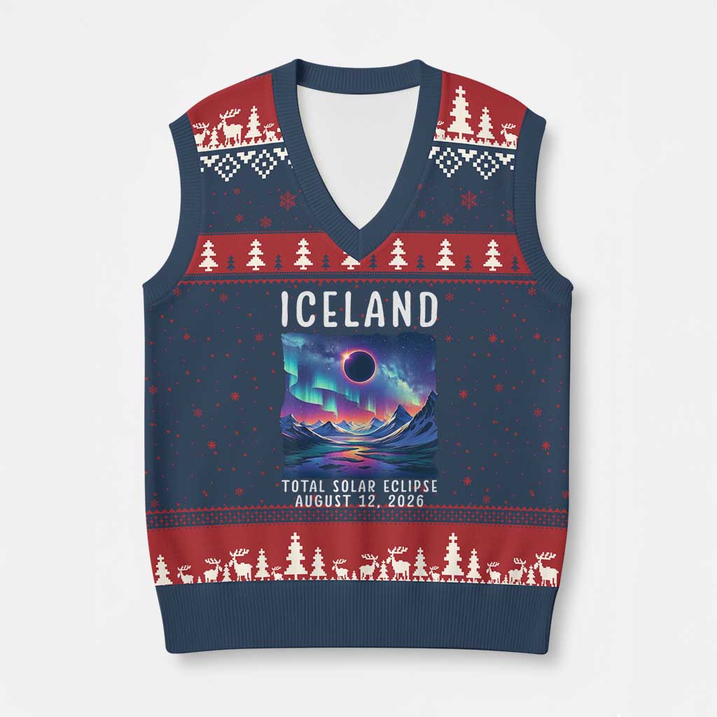Iceland Total Solar Eclipse 2026 Aurora V-Neck Knit Sweater Vest Totality Northern Lights Astronomy Travel Gift
