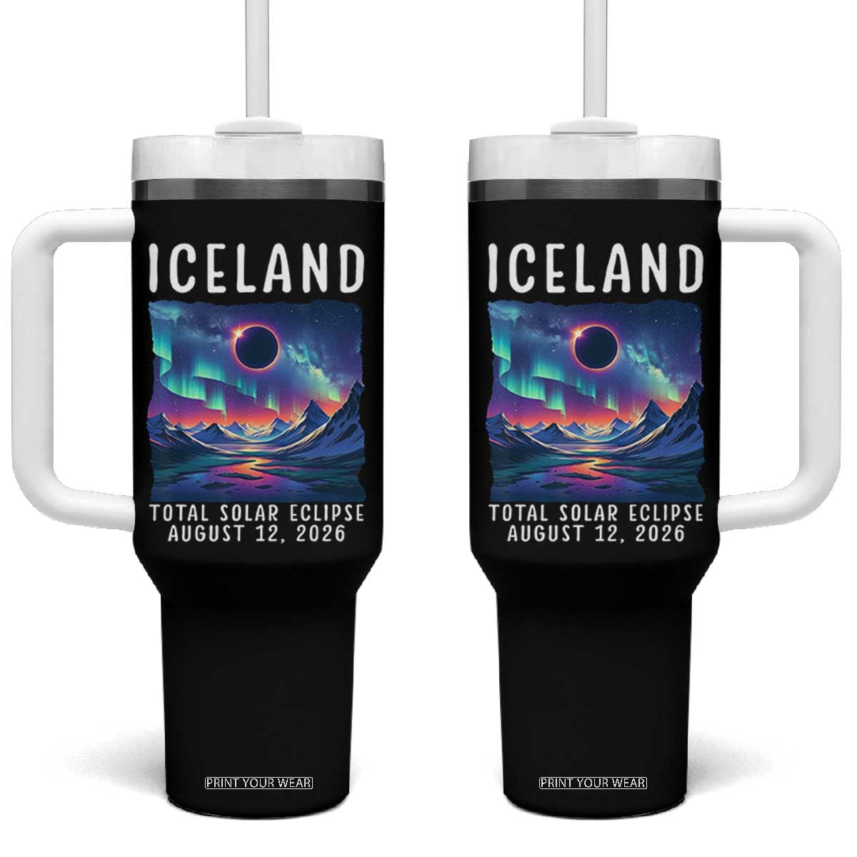 Iceland Total Solar Eclipse 2026 Aurora Tumbler With Handle Totality Northern Lights Astronomy Travel Gift TS02 One Size: 40 oz Black Print Your Wear