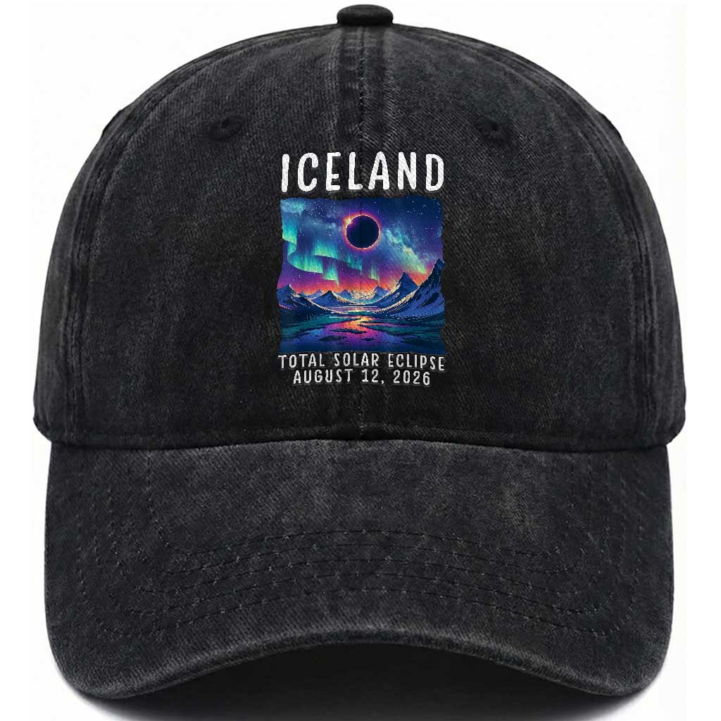 Iceland Total Solar Eclipse 2026 Aurora Washed Cotton Baseball Cap Totality Northern Lights Astronomy Travel Gift