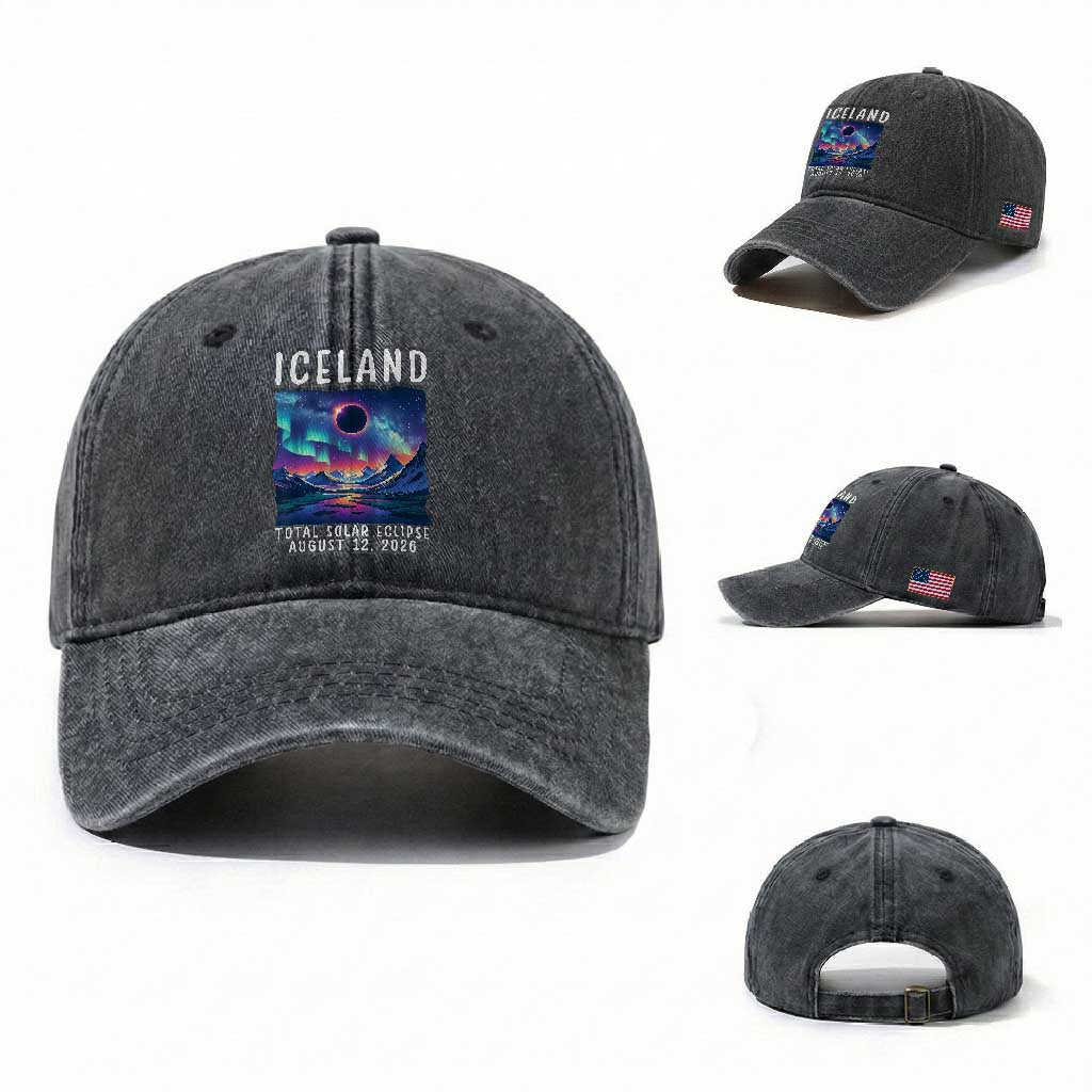 Iceland Total Solar Eclipse 2026 Aurora Washed Cotton Baseball Cap Totality Northern Lights Astronomy Travel Gift