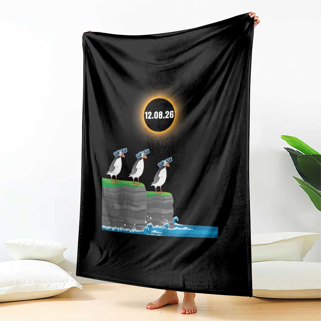 Cute Cartoon Puffins 2026 Total Solar Eclipse Throw Blanket August 12 Totality Funny Astronomy Gift TS02 Print Your Wear