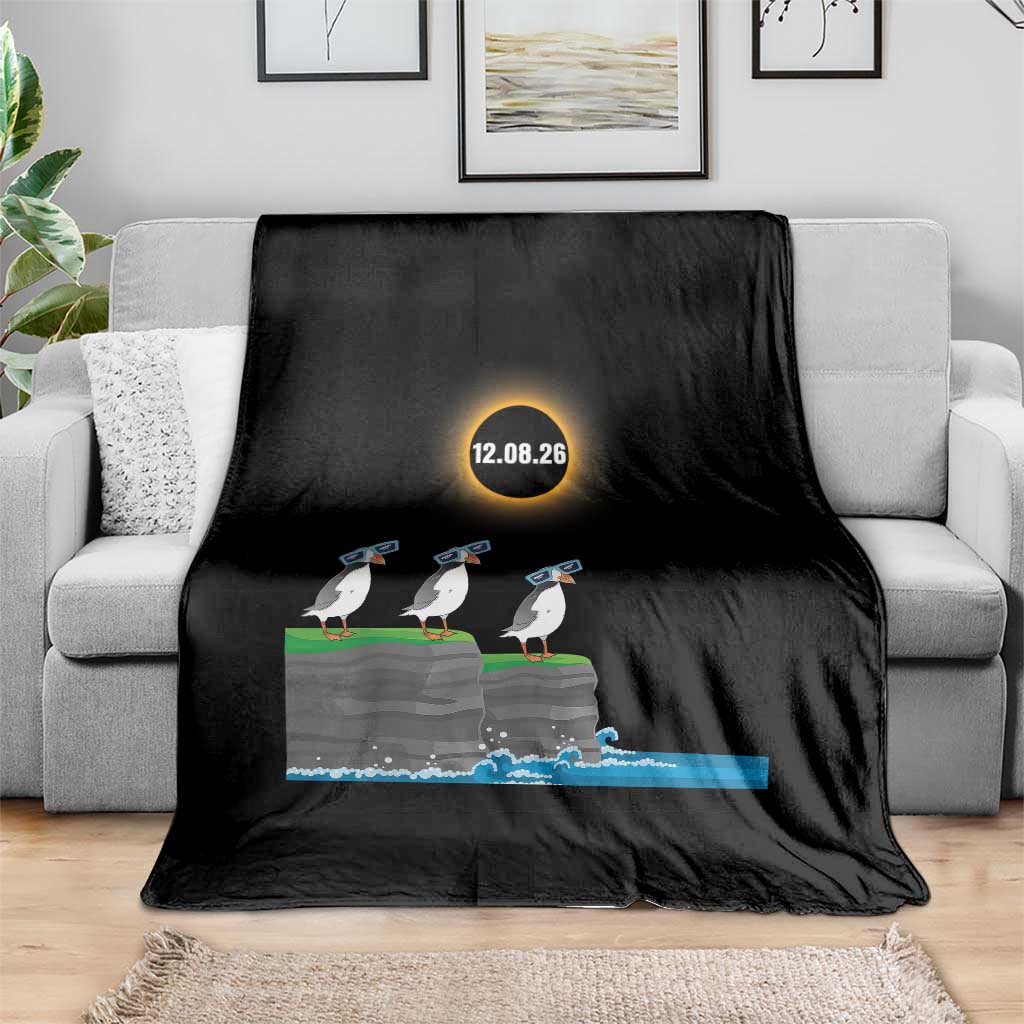 Cute Cartoon Puffins 2026 Total Solar Eclipse Throw Blanket August 12 Totality Funny Astronomy Gift TS02 Print Your Wear