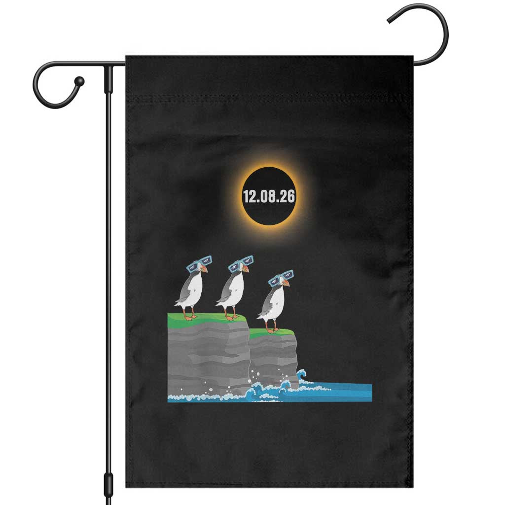 Cute Cartoon Puffins 2026 Total Solar Eclipse Garden Flag August 12 Totality Funny Astronomy Gift TS02 Black Print Your Wear