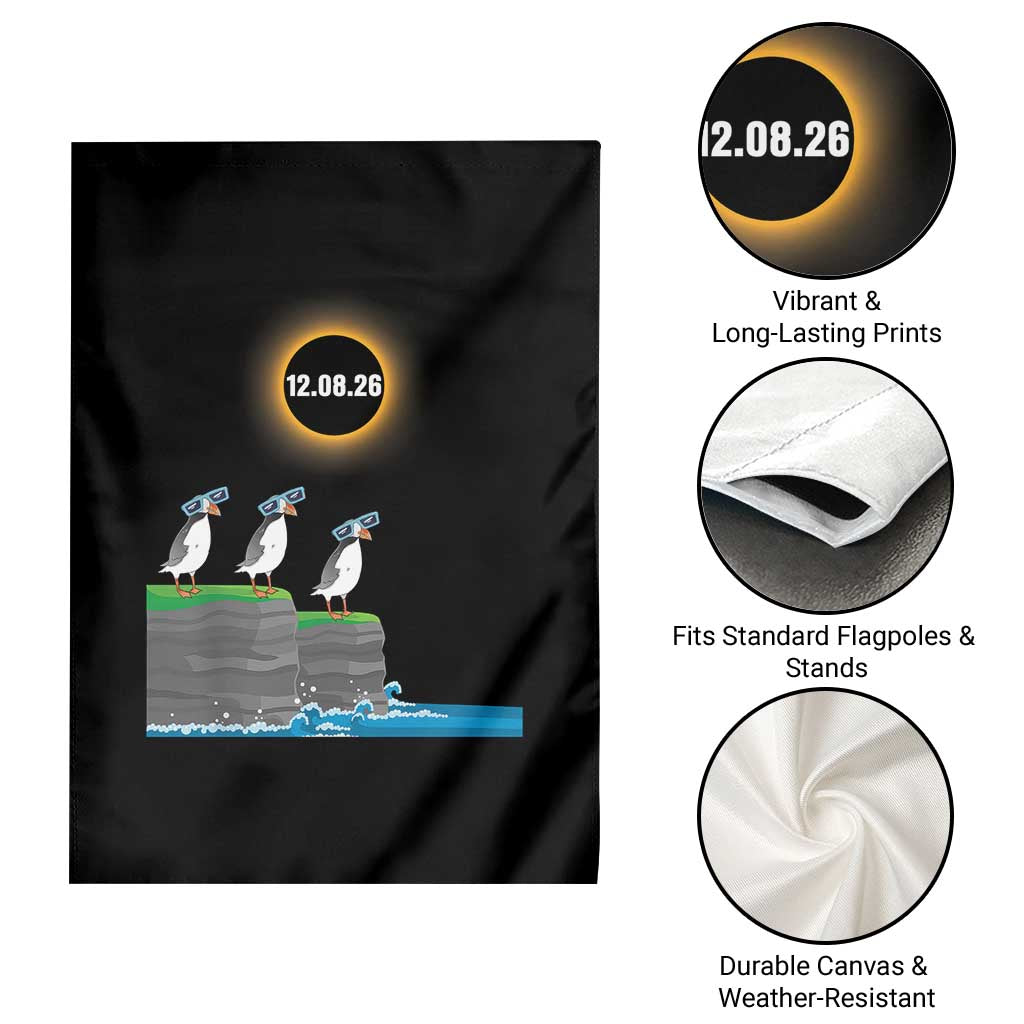 Cute Cartoon Puffins 2026 Total Solar Eclipse Garden Flag August 12 Totality Funny Astronomy Gift TS02 Print Your Wear