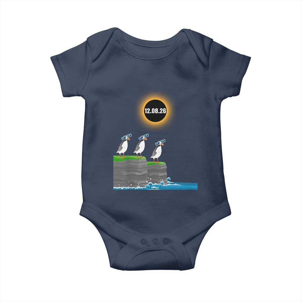 Cute Cartoon Puffins 2026 Total Solar Eclipse Baby Onesie August 12 Totality Funny Astronomy Gift TS02 Navy Print Your Wear