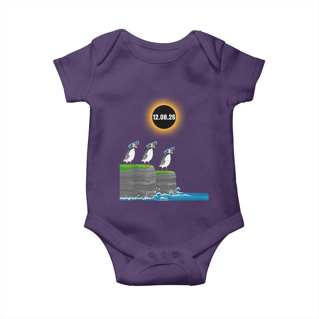 Cute Cartoon Puffins 2026 Total Solar Eclipse Baby Onesie August 12 Totality Funny Astronomy Gift TS02 Purple Print Your Wear